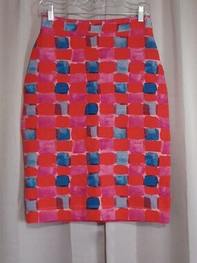 Anthropologie Maeve Slim Bodycon Midi Skirt Vibrant Mod Check Pattern Stretch